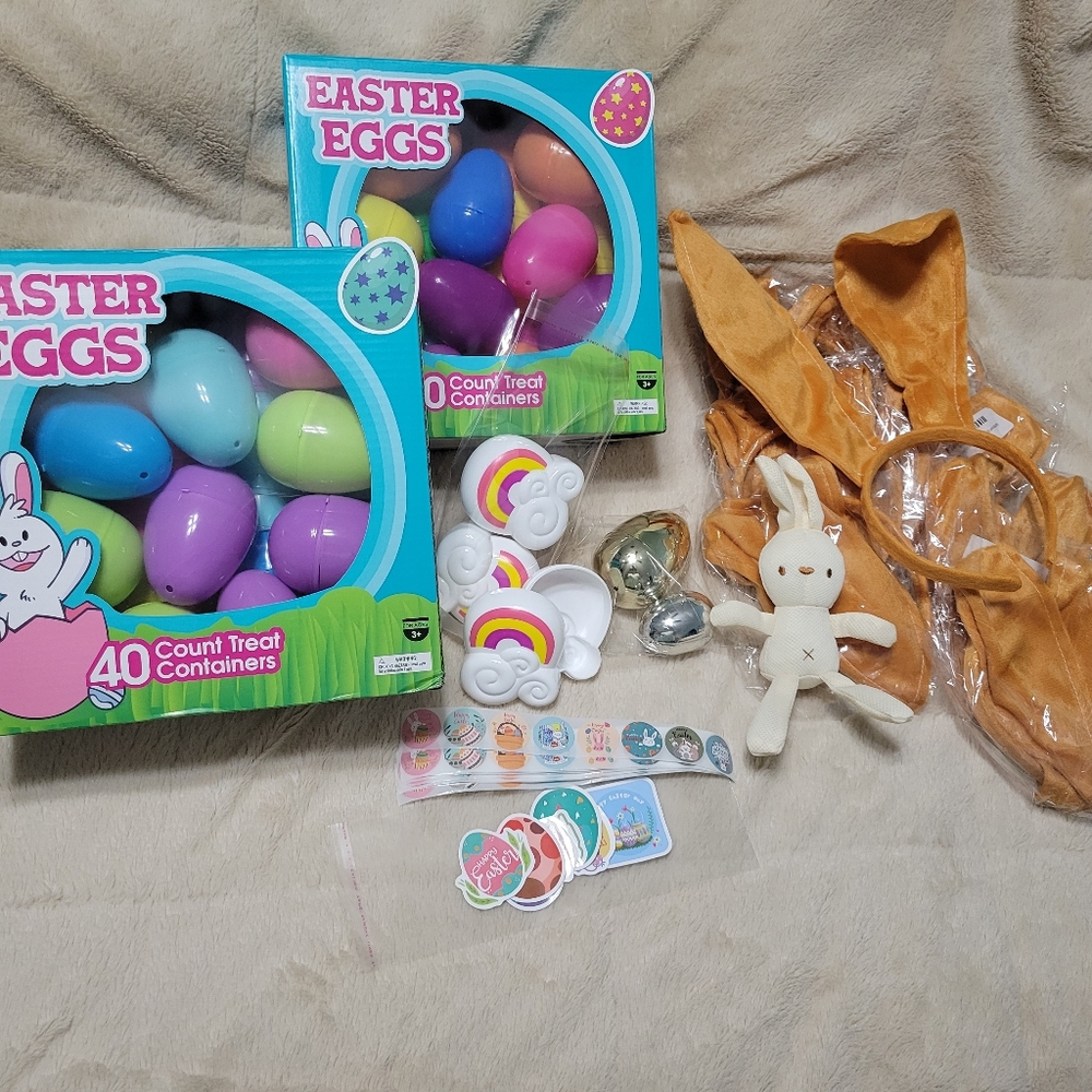 EASTER EGG HUNT Party Set, 8 Rabbit Ear Headband 80 large eggs prize eggs  NEW